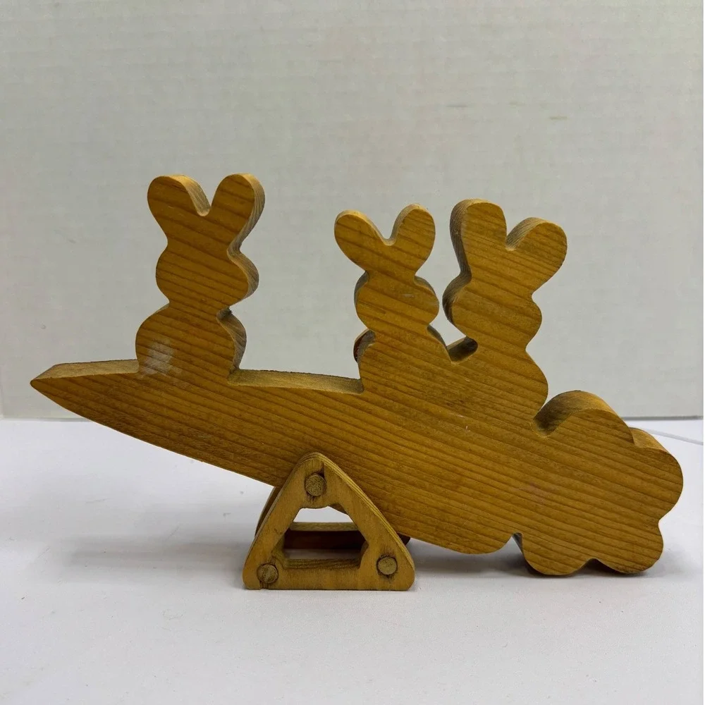 Vintage‎ Wooden Easter Bunny Carrot Seesaw Shelf Sitter Farmhouse Decor 9 Inch